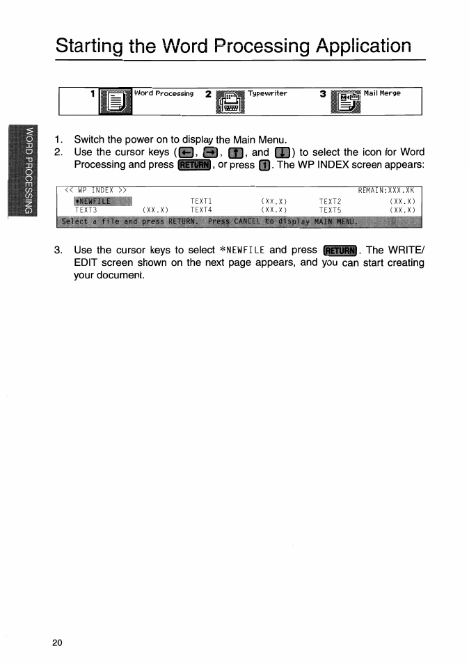 Starting the word processing application | Brother WP-700D User Manual | Page 28 / 172
