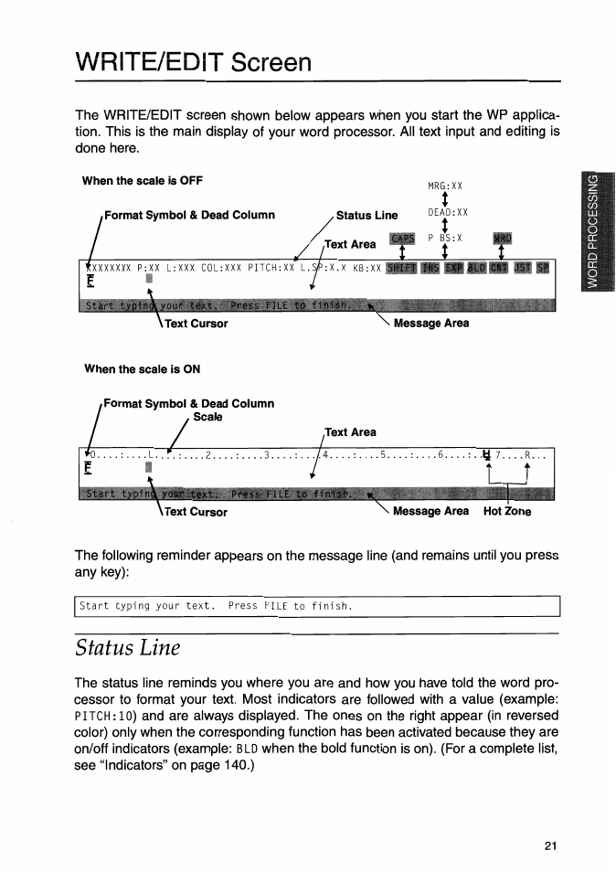 Write/edit screen, Status line | Brother WP-700D User Manual | Page 29 / 172