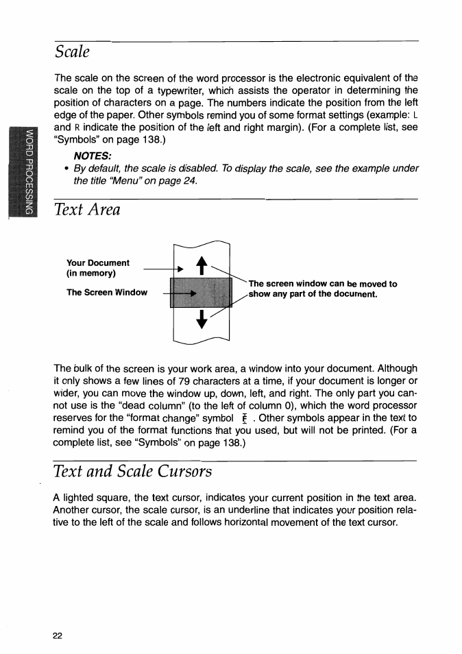 Scale, Notes, Text area | Text and scale cursors, Text area text and scale cursors | Brother WP-700D User Manual | Page 30 / 172