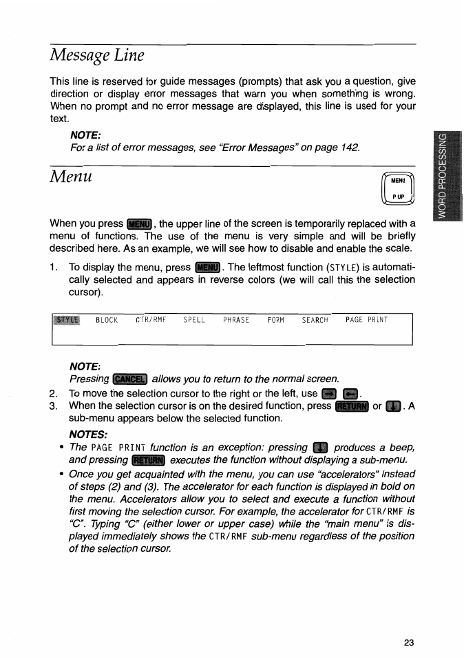 Message line, Note, Menu | Notes, Message line menu | Brother WP-700D User Manual | Page 31 / 172