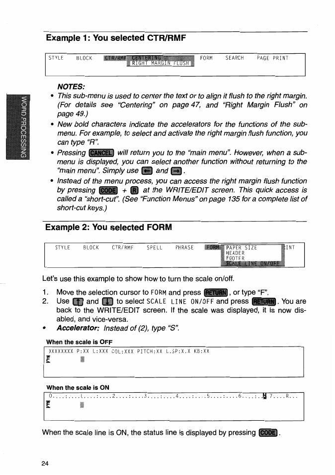 Example 1 : you selected ctr/rmf, Notes, Example 2: you selected form | Example 1: you selected ctft/rmf | Brother WP-700D User Manual | Page 32 / 172