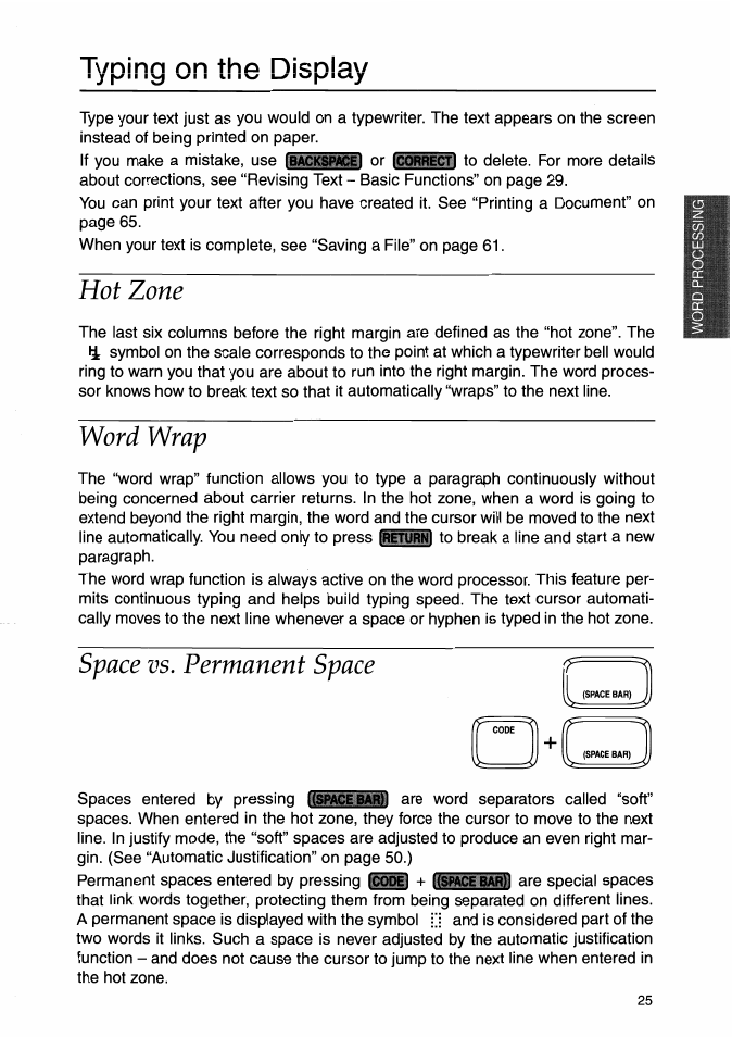 Typing on the display, Hot zone, Word wrap | Space vs. permanent space | Brother WP-700D User Manual | Page 33 / 172