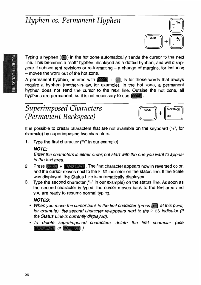 Hyphen vs. permanent hyphen, Superimposed characters (permanent backspace), Note | Notes | Brother WP-700D User Manual | Page 34 / 172