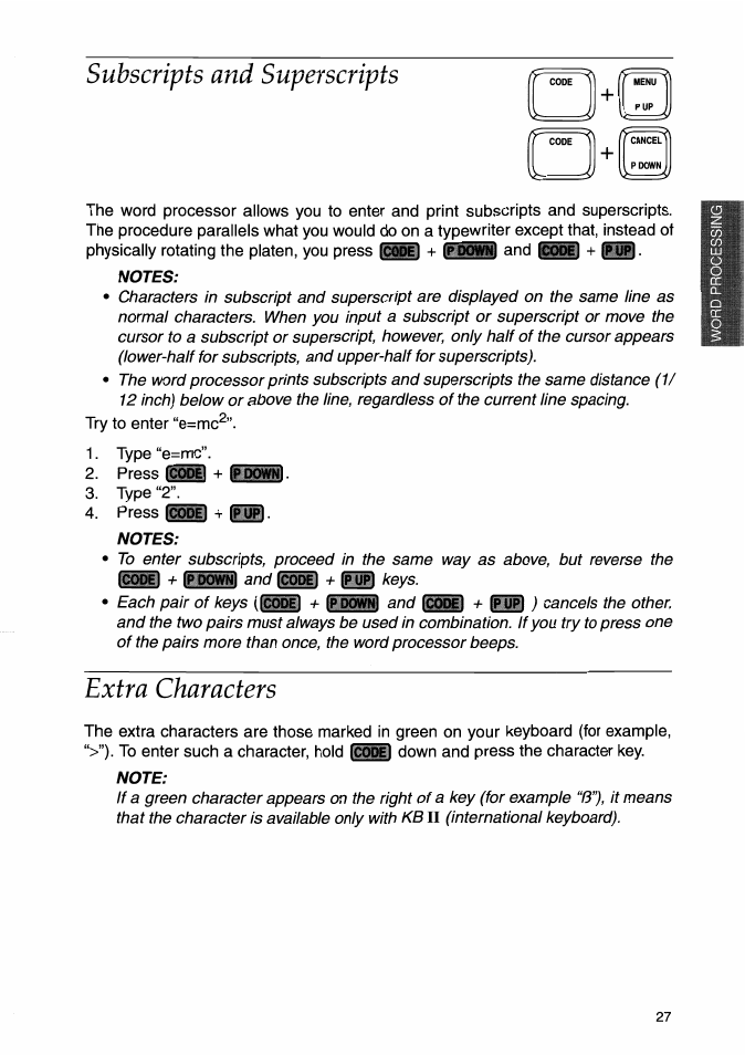Notes, Extra characters, Note | T i ^ y-4, Y* !y*^ ^y*a/^ y^y*ay*y*^-í | Brother WP-700D User Manual | Page 35 / 172