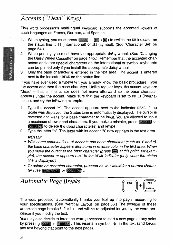 Accents ("uead" keys), Notes, Automatic page breaks | Brother WP-700D User Manual | Page 36 / 172