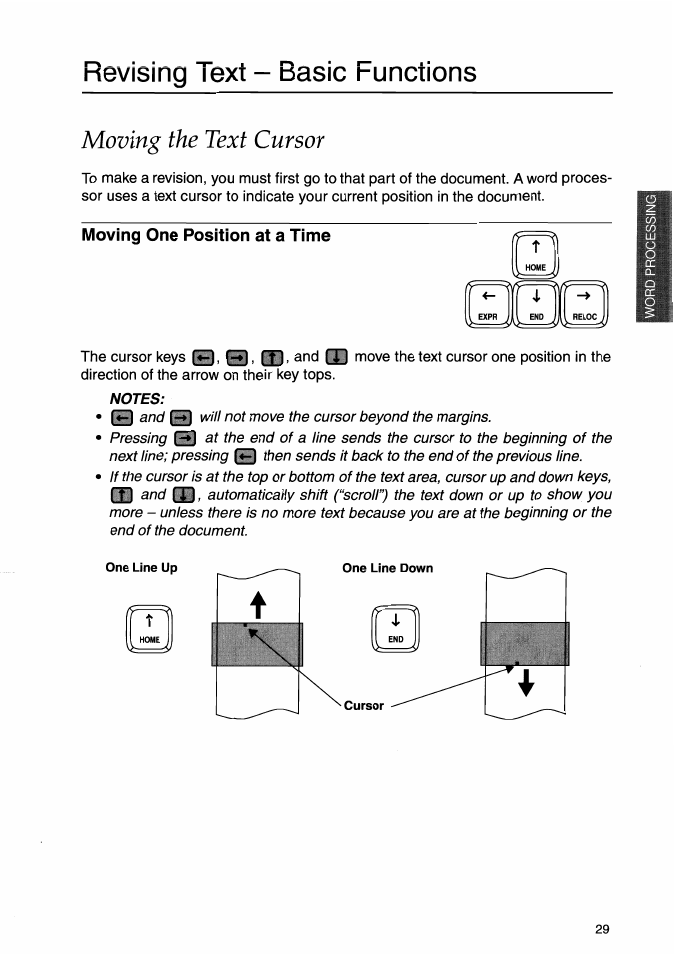 Revising text - basic functions, Moving the text cursor, Moving one position at a time | Notes | Brother WP-700D User Manual | Page 37 / 172