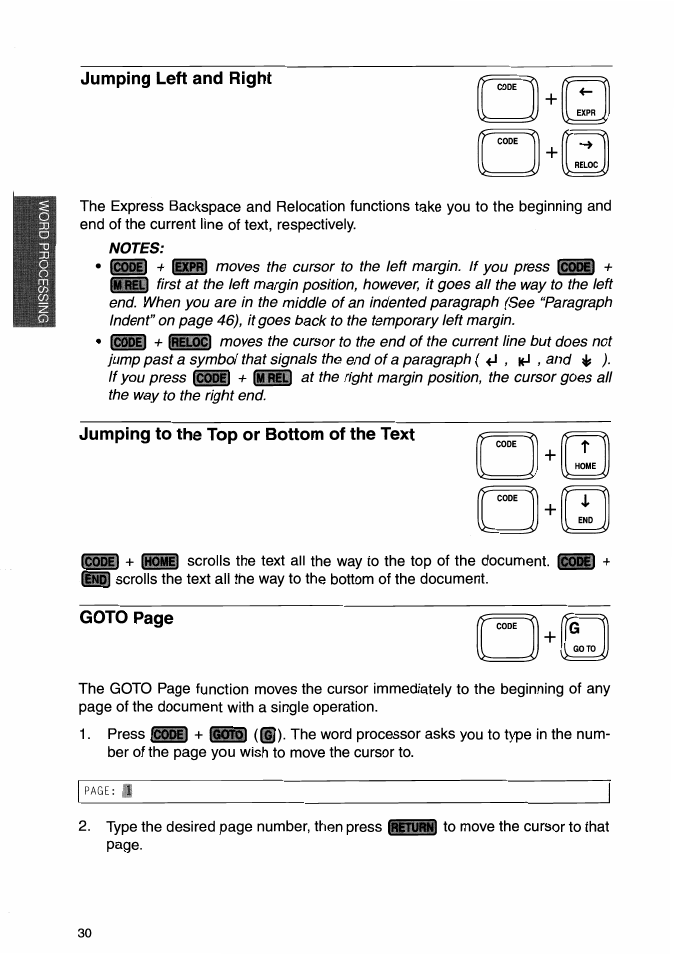 Jumping left and right, Jumping to the top or bottom of the text, Jj t | Goto page | Brother WP-700D User Manual | Page 38 / 172