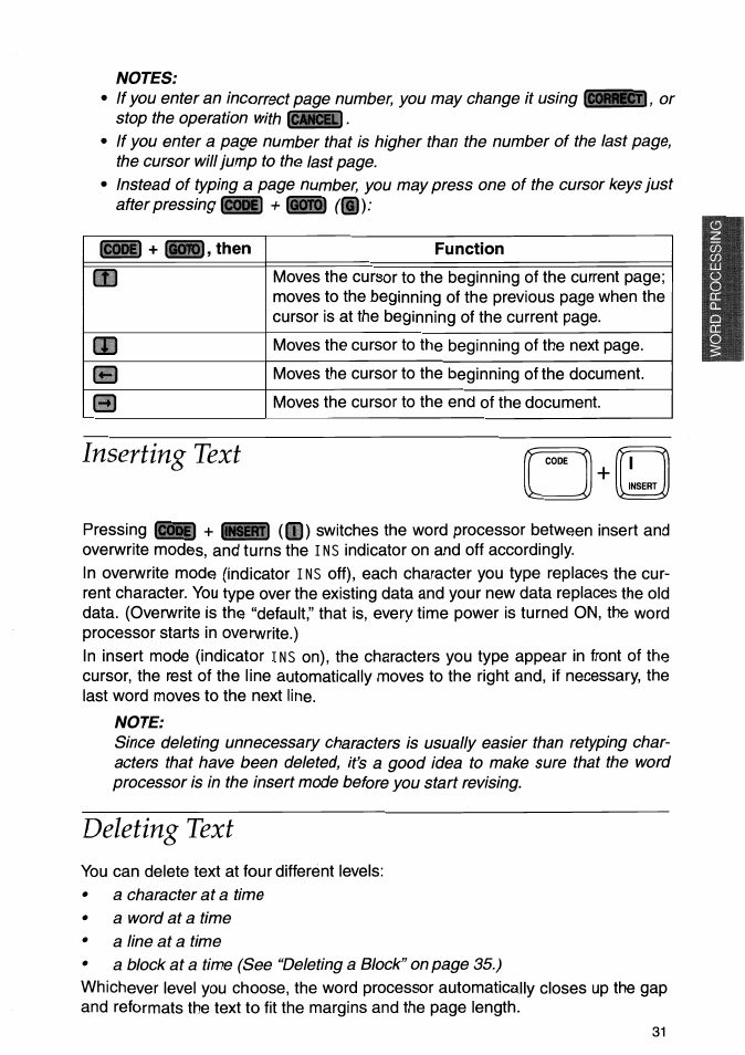 Notes, Inserting text, Note | Deleting text, Inserting text deleting text | Brother WP-700D User Manual | Page 39 / 172