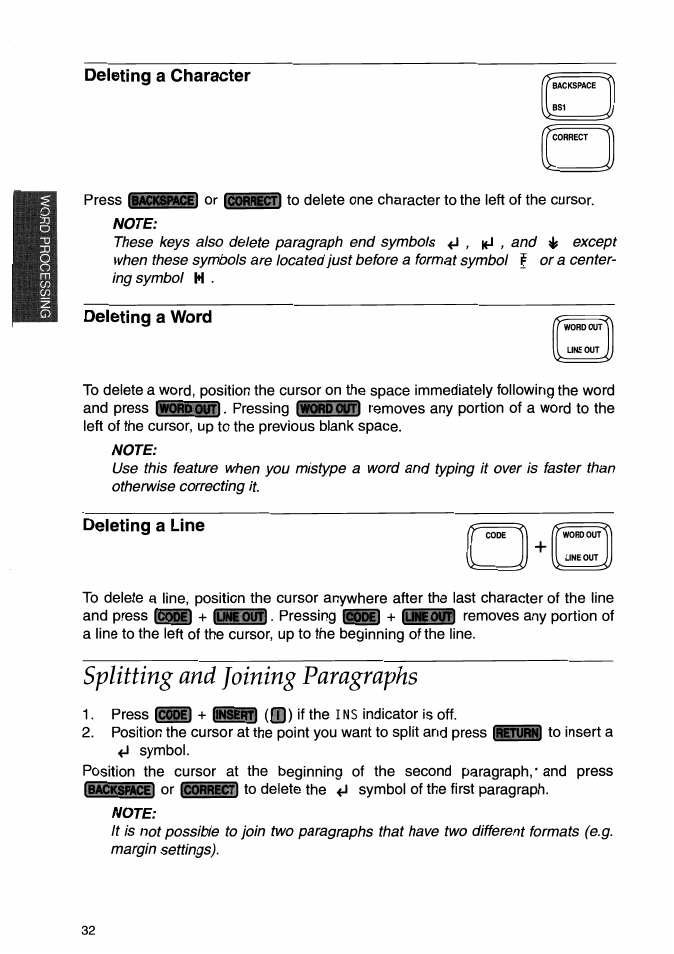 Deleting a character, Deleting a word, Deleting a line | Splitting and joining paragraphs | Brother WP-700D User Manual | Page 40 / 172