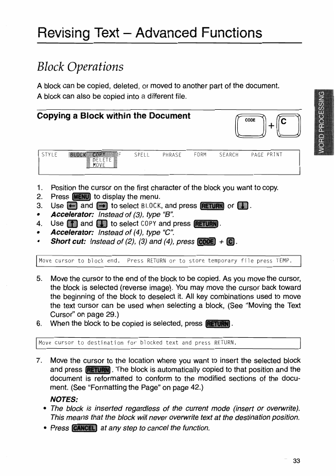 Revising text - advanced functions, Block operations, Copying a block within the document | Notes | Brother WP-700D User Manual | Page 41 / 172