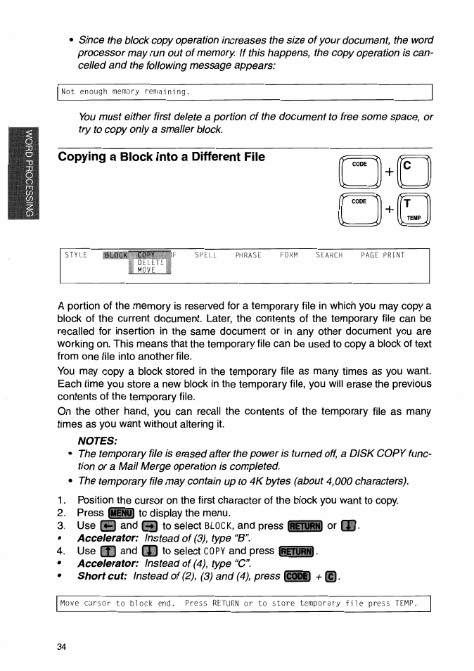 Copying a block into a different file, Notes | Brother WP-700D User Manual | Page 42 / 172