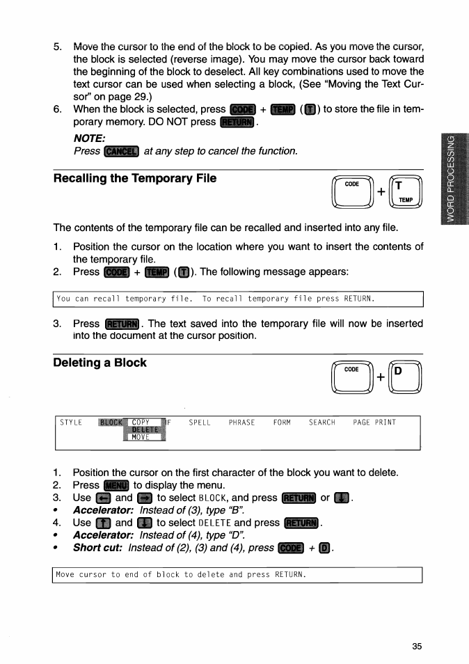 Note, Recalling the temporary file, Deleting a block | Brother WP-700D User Manual | Page 43 / 172