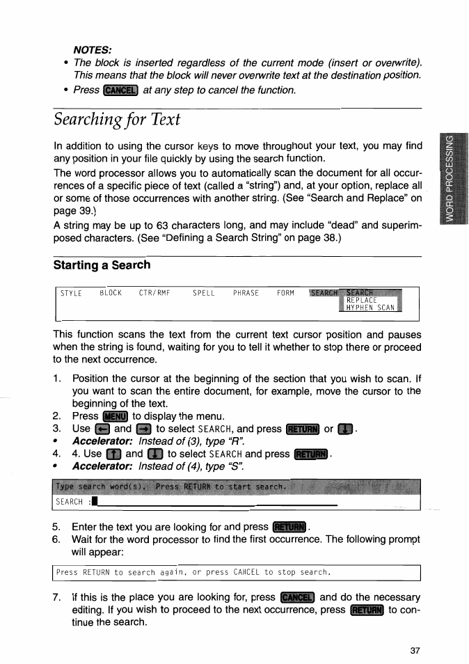 Notes, Searching for text, Starting a search | Brother WP-700D User Manual | Page 45 / 172