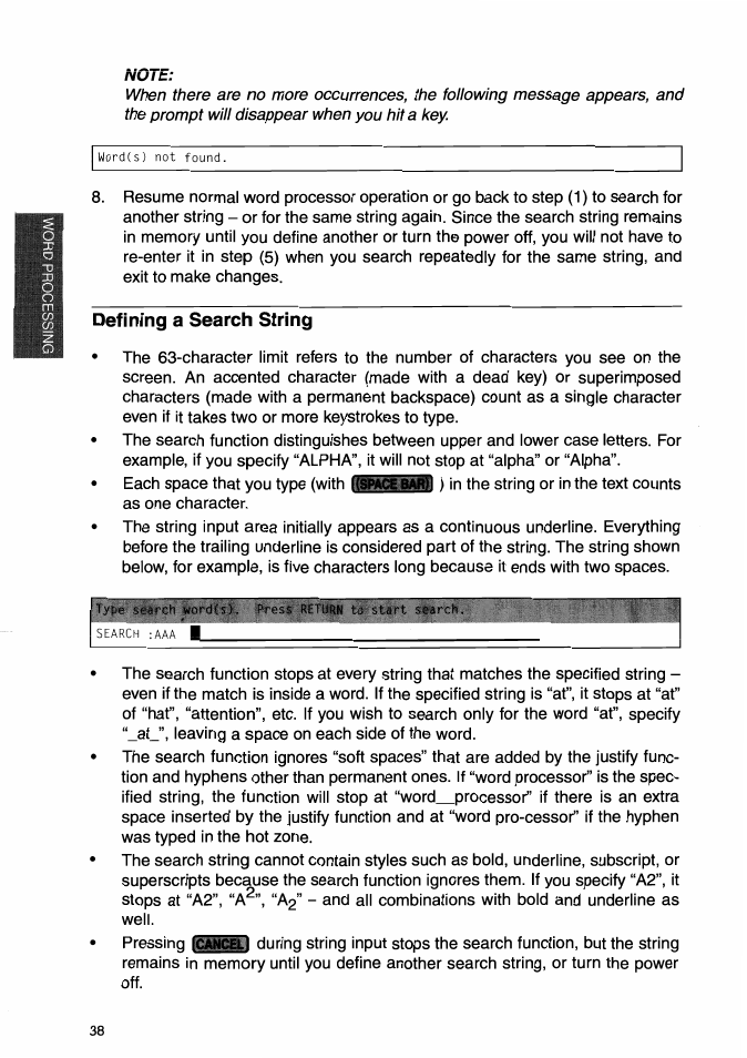 Note, Defining a search string | Brother WP-700D User Manual | Page 46 / 172
