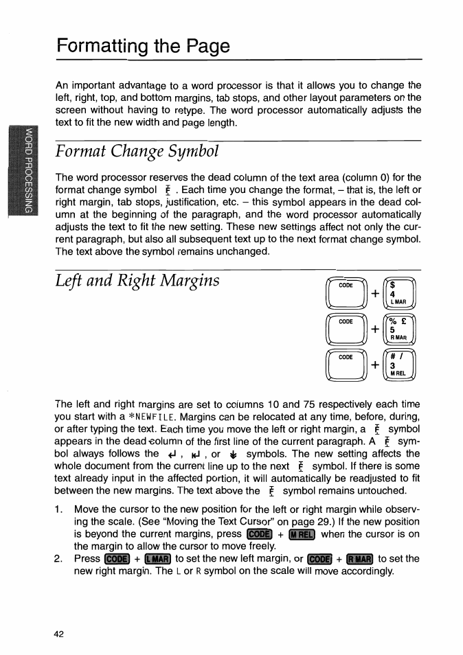 Format change symbol, Left and right margins, Format change symbol left and right margins | Rumicuuiiq uit; rciyti | Brother WP-700D User Manual | Page 50 / 172