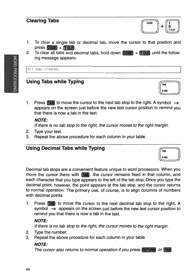 Clearing tabs, Using tabs while typing, Note | Using decimal tabs while typing | Brother WP-700D User Manual | Page 52 / 172