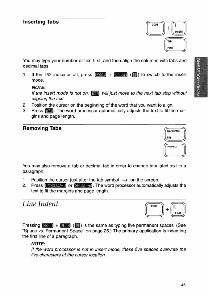 Inserting tabs, Removing tabs, Line indent | Brother WP-700D User Manual | Page 53 / 172