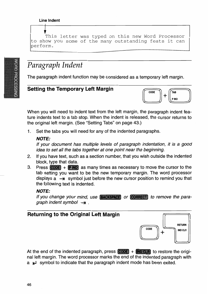 Paragraph indent, Setting the temporary left margin, Note | Returning to the original left margin | Brother WP-700D User Manual | Page 54 / 172