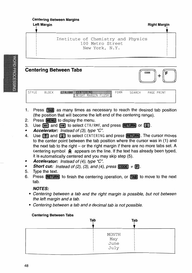 Centering between tabs, Notes | Brother WP-700D User Manual | Page 56 / 172