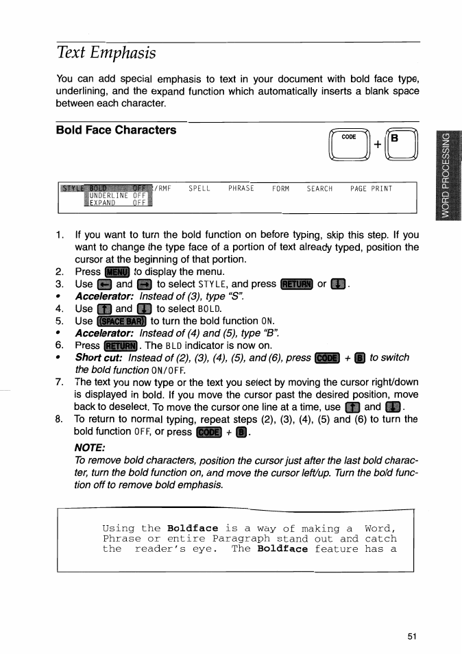 Text emphasis, Bold face characters, Note | Brother WP-700D User Manual | Page 59 / 172