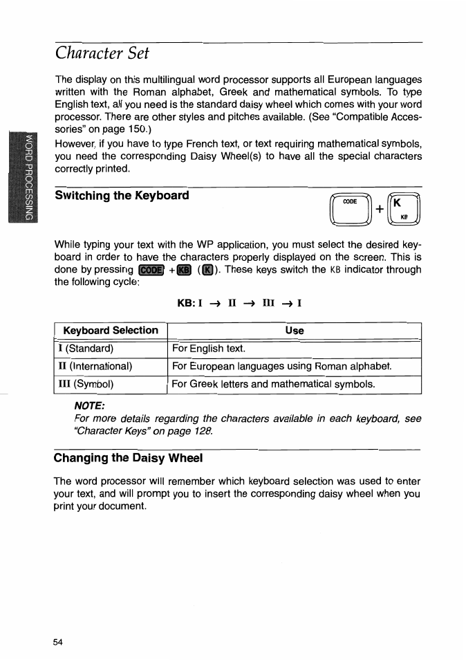 Character set, Switching the keyboard, Changing the daisy wheei | Changing the daisy wheel | Brother WP-700D User Manual | Page 62 / 172