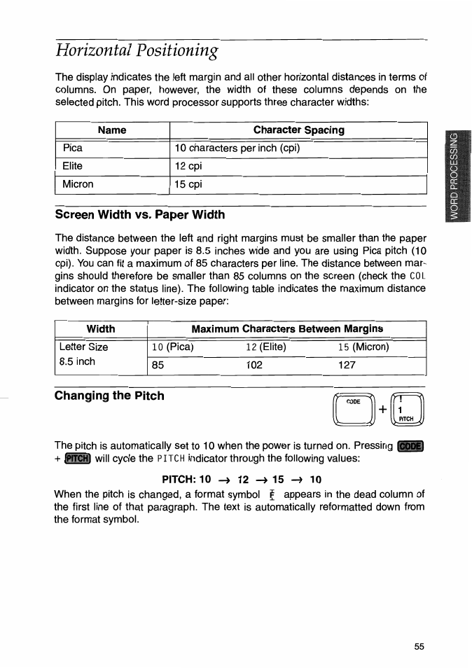 Horizontal fositioning, Screen width vs. paper width, Changing the pitch | Horizontal positioning | Brother WP-700D User Manual | Page 63 / 172