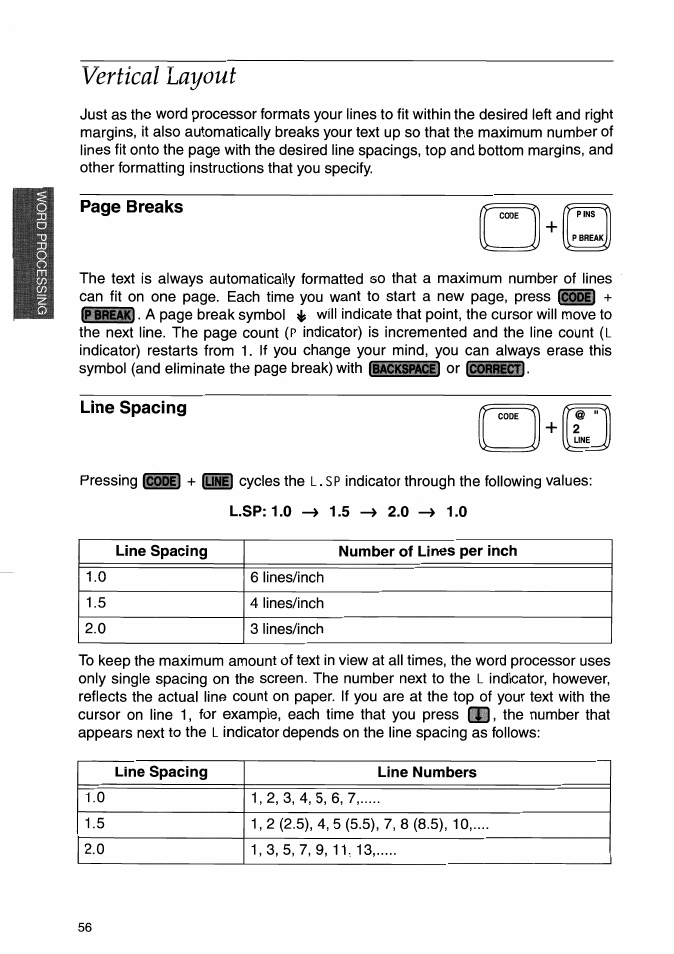 Vertical layout, Line spacing, Page breaks | Brother WP-700D User Manual | Page 64 / 172