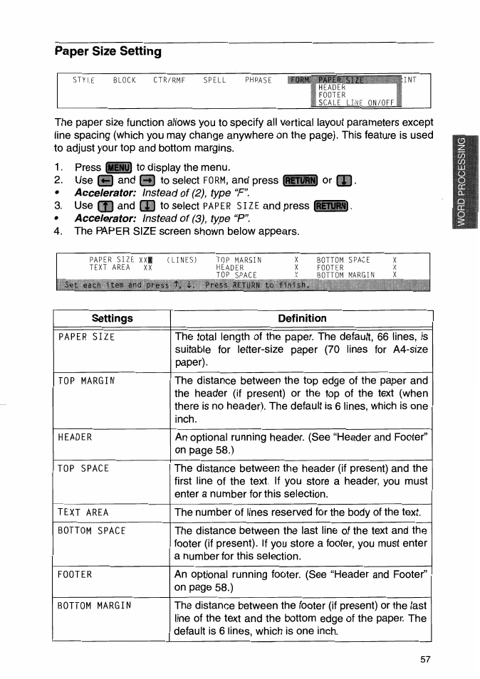 Paper size setting | Brother WP-700D User Manual | Page 65 / 172