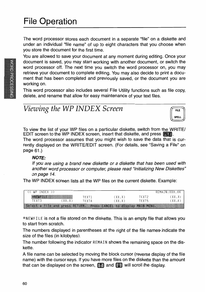 File operation, Viewing the wp index screen, Viewing the | Index screen | Brother WP-700D User Manual | Page 68 / 172
