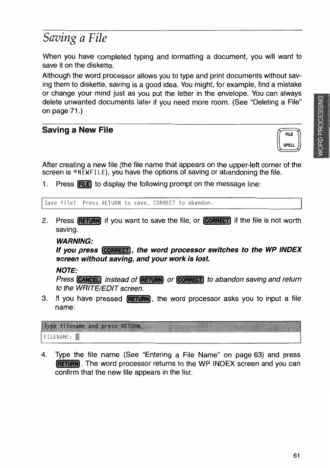 Saving a file, Warning, Note | Saving a new file | Brother WP-700D User Manual | Page 69 / 172