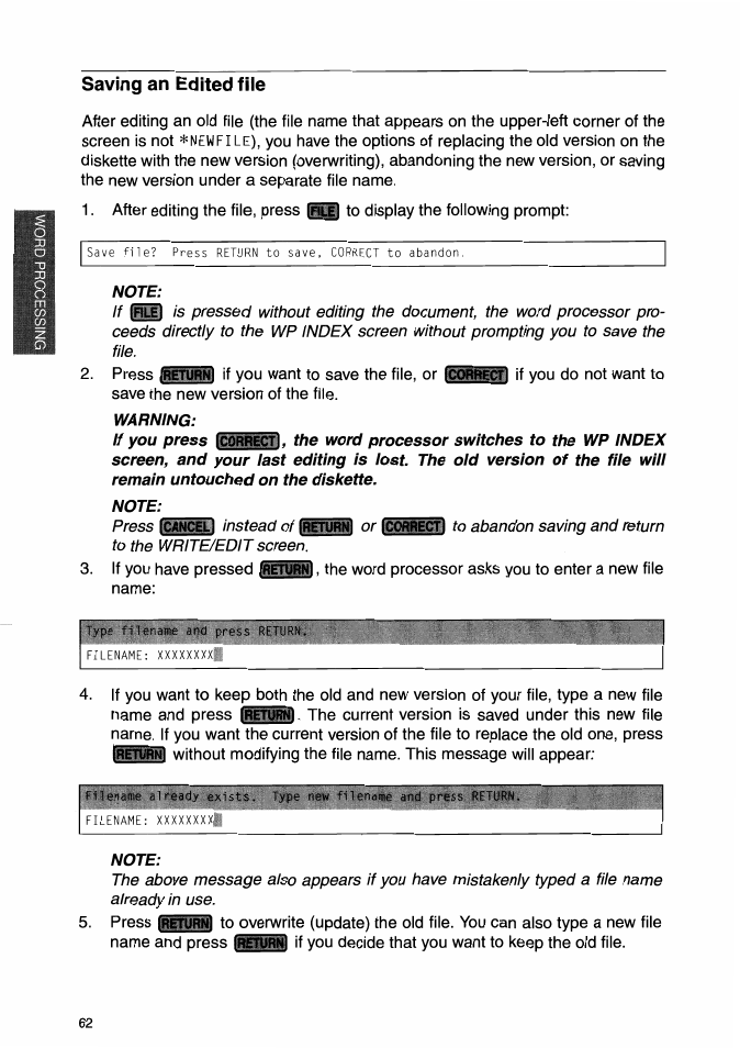 Saving an edited fiie, Note, Warning | Saving a new file | Brother WP-700D User Manual | Page 70 / 172
