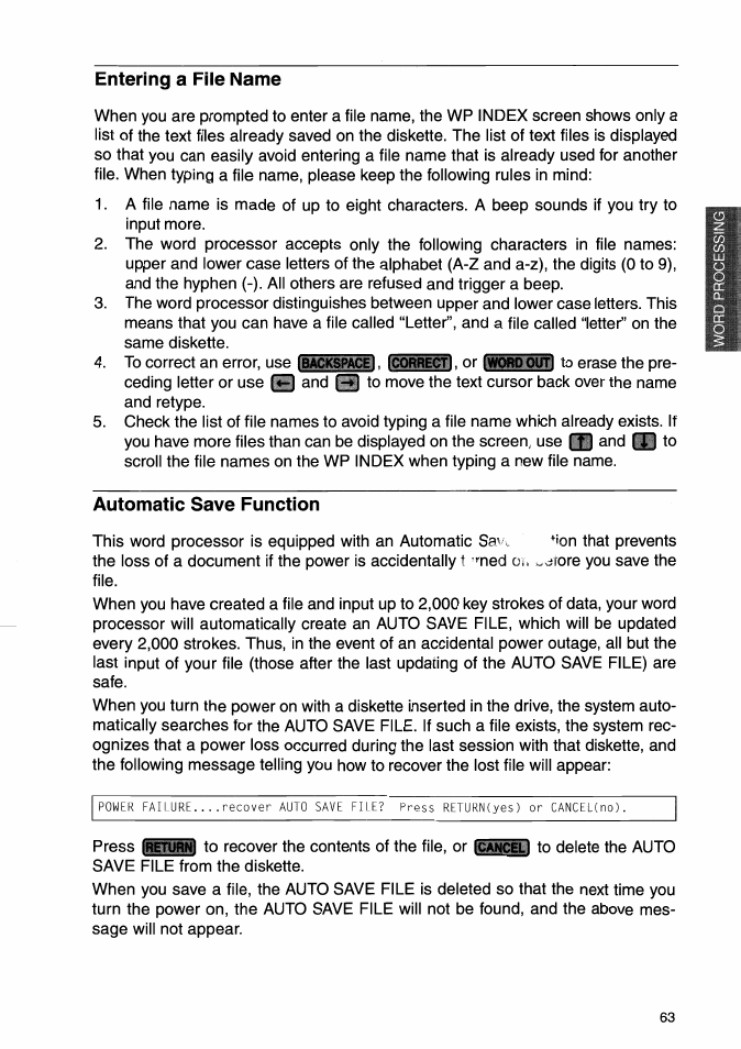 Entering a file name, Automatic save function | Brother WP-700D User Manual | Page 71 / 172