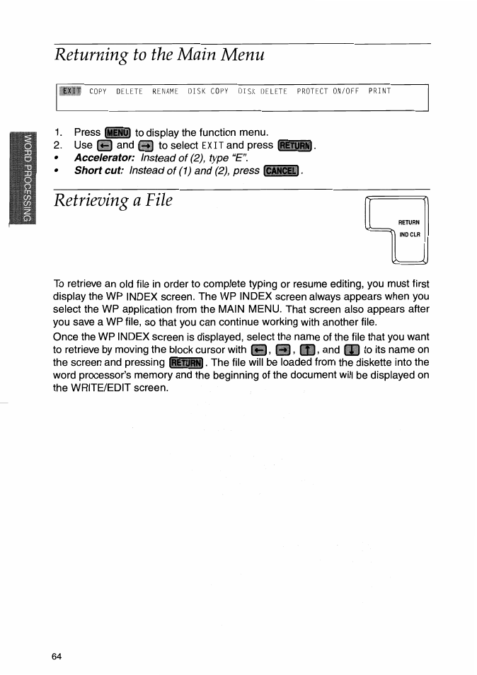 Returning to the main menu, Retrieving a file, Returning to the main menu retrieving a file | Brother WP-700D User Manual | Page 72 / 172