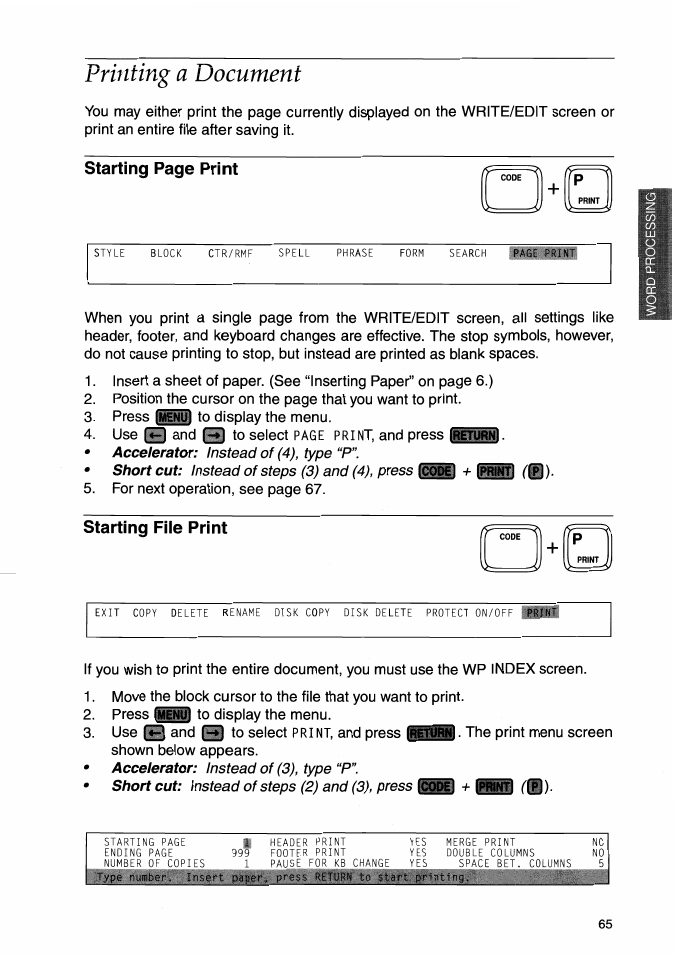 Printing a document, Starting fiie print, Starting file print | Starting page print | Brother WP-700D User Manual | Page 73 / 172