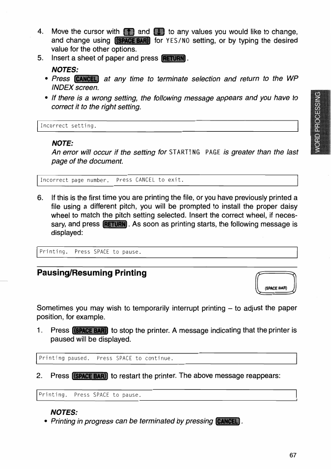 Notes, Note, Pausing/resuming printing | Brother WP-700D User Manual | Page 75 / 172