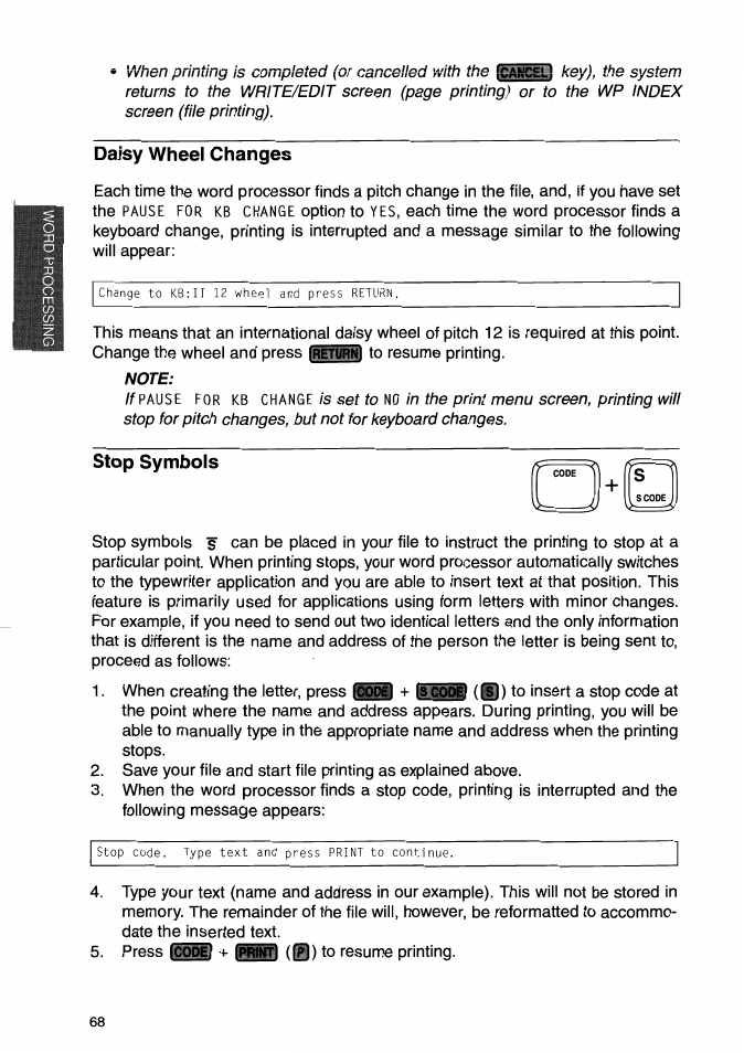 Daisy wheel changes, Stop symbols | Brother WP-700D User Manual | Page 76 / 172