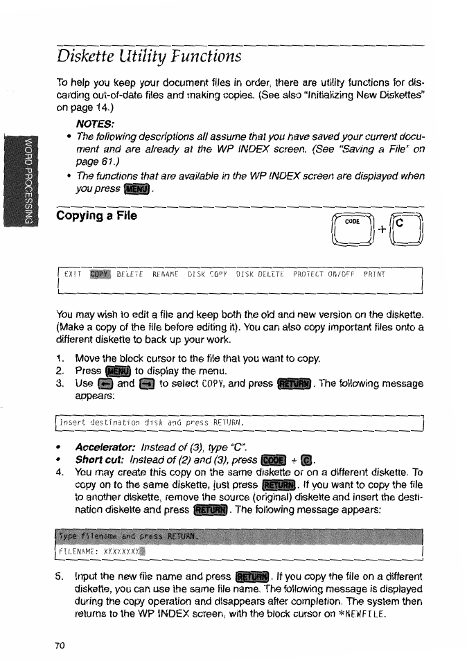 Diskette utility functions, Notes, Copying a file | Brother WP-700D User Manual | Page 78 / 172