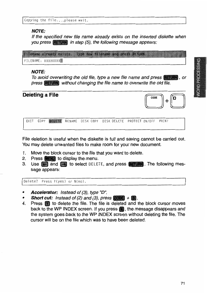 Note, Deleting a file | Brother WP-700D User Manual | Page 79 / 172