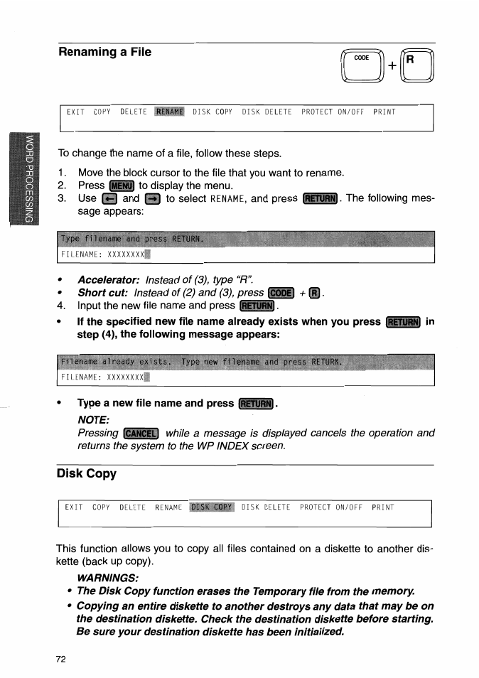 Renaming a file, Note, Disk copy | Warnings | Brother WP-700D User Manual | Page 80 / 172