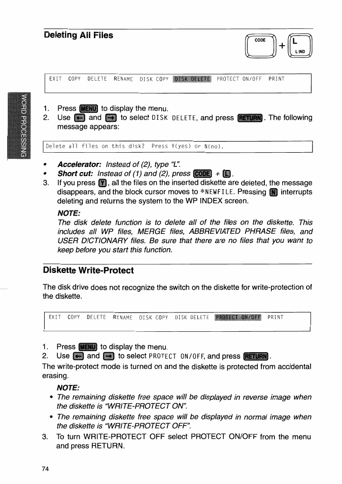 Deleting am files, Note, Diskette write-protect | Deleting all files | Brother WP-700D User Manual | Page 82 / 172