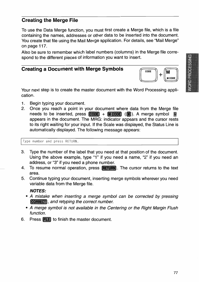 Crsating the marge file, Creating a document with merge symbois, Notes | Creating the merge file, Creating a document with merge symbols, Crsating the marge | Brother WP-700D User Manual | Page 85 / 172