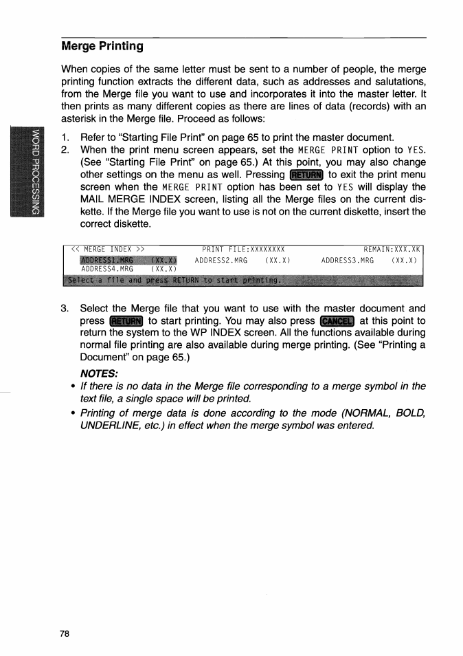 Merge printing, Notes | Brother WP-700D User Manual | Page 86 / 172