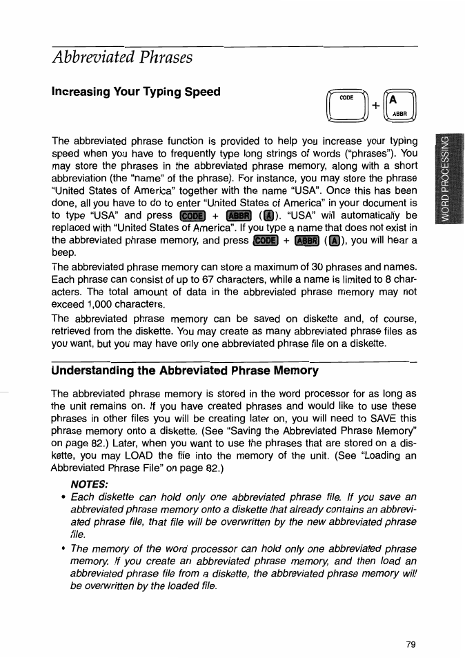 Abbreviated phrases, Increasing your typing speed, Understanding the abbreviated phrase memory | Brother WP-700D User Manual | Page 87 / 172