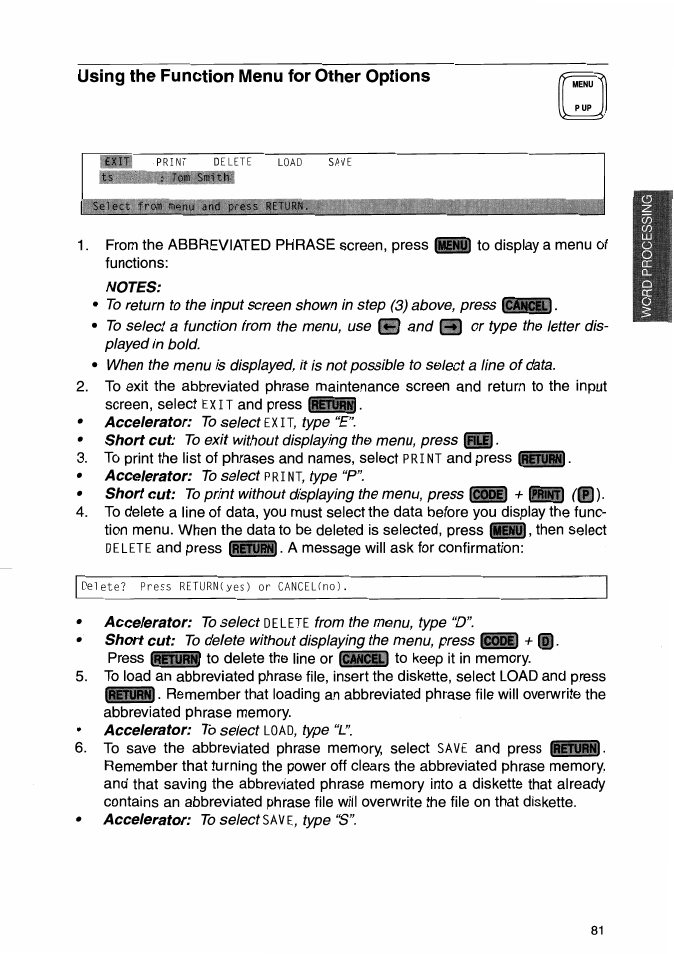 Using the function menu for other options | Brother WP-700D User Manual | Page 89 / 172