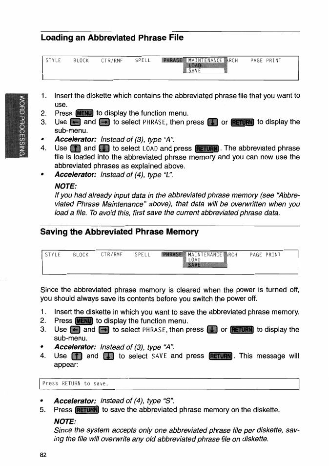 Loading an abbreviated phrase file, Note, Saving the abbreviated phrase memory | Brother WP-700D User Manual | Page 90 / 172