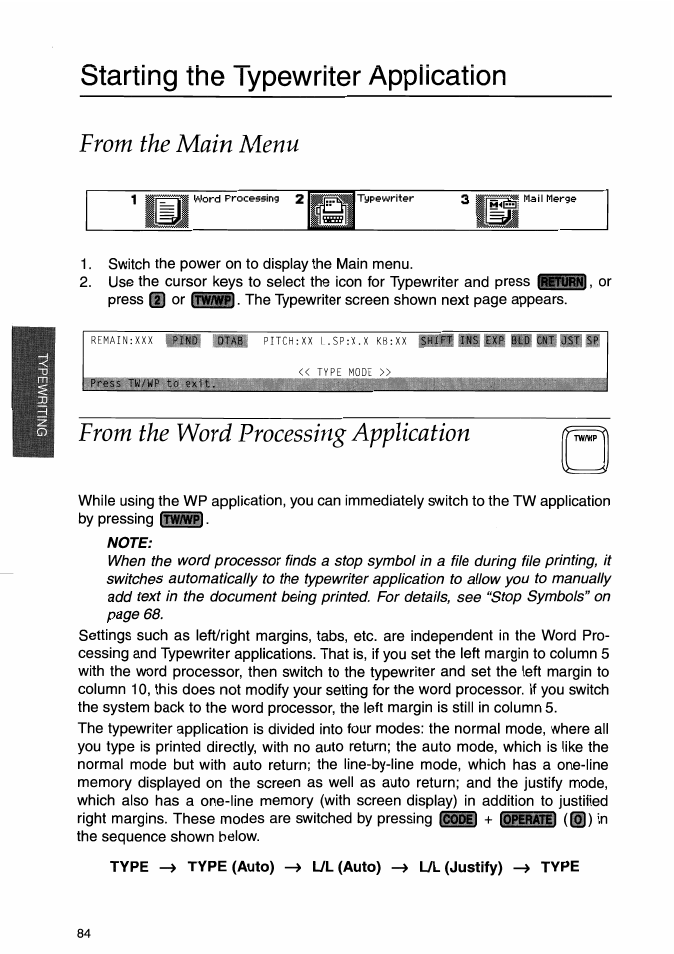 Btarting the typewriter application, From the main menu, From the word processing application | Note, Starting the typewriter application | Brother WP-700D User Manual | Page 92 / 172