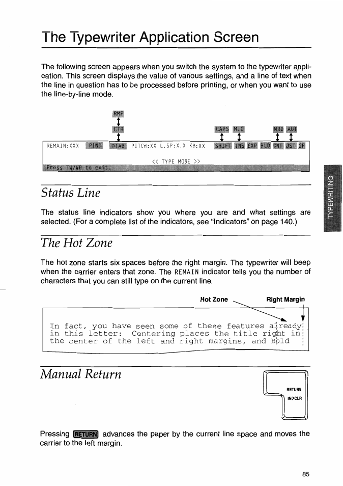 The lypewriter application screen, Status line, The hot zone | Manual return, The typewriter application screen, Status line the hot zone manual return | Brother WP-700D User Manual | Page 93 / 172