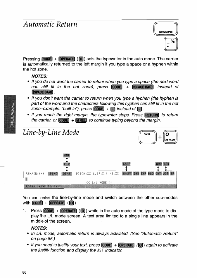 Automatic return, Notes, Line-by-line mode | Automatic return line-by-line mode | Brother WP-700D User Manual | Page 94 / 172