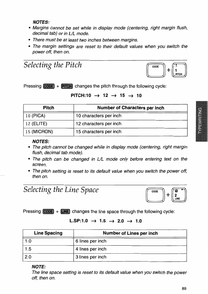 Notes, Selecting the pitch, Selecting the line space | Note, Selecting the pitch selecting the line space | Brother WP-700D User Manual | Page 97 / 172