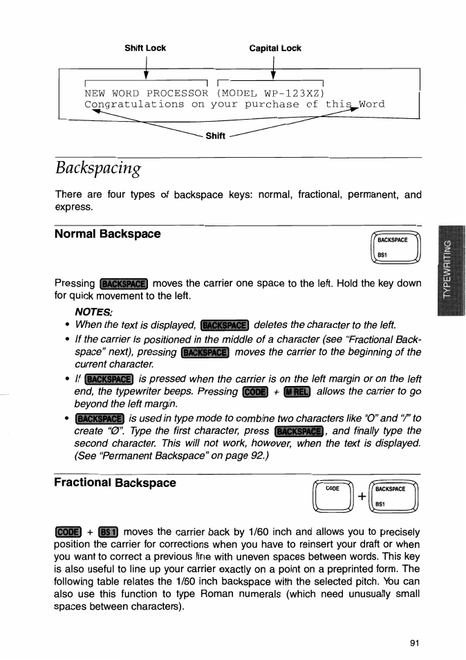 Fractional backspace, Normal backspace | Brother WP-700D User Manual | Page 99 / 172